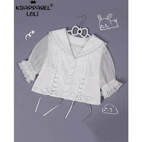 Sweet Women Lolita Shirt Cute Girls Lace Up Bowknot Cropped Top Kawaii Rabbit Removable Bunny Ear All-match Cosplay Party Summer