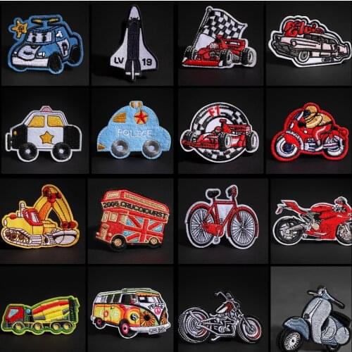 Cartoon Bicycle Car Patches Iron On Motorcycle Aircraft Appliques Sewing On Peace Flower Bus Sticker 3D Diy Clothes Jacket Decor