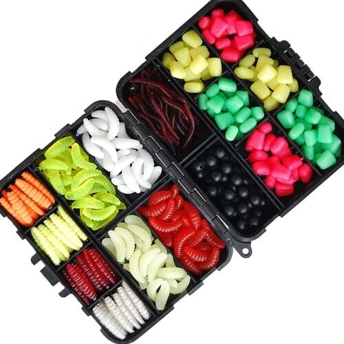 220pcs Soft Artificial Worm Fishing Lures Set Silkworm Maggot Earthworm Corn Carp Fishing Bait Beads With Fishing Tackle Box