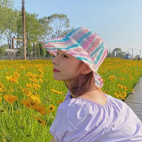 Rainbow Colors Women Bucket Hats Lady Street Style Harajuku Retro Mesh Lace Breathable Outdoor Sunscreen Travel Vacation Gorros
