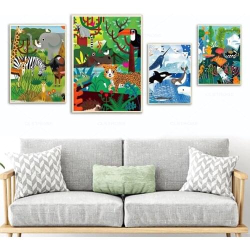 Wild Animal Cartoon Poster Tiger Leopard Toucan Whale Seahorse Wall Art Canvas Painting Nordic Pictures for Kids Room Decoration