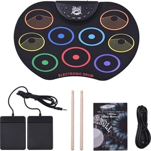 Portable Roll Up Drum Set Electronic Drum Kit 9 Silicon Drum Pads USB Powered with Drumsticks Foot Pedals for Kids