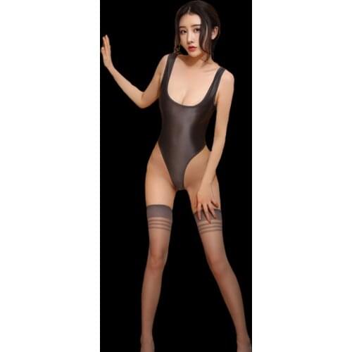Sexy Women Cosplay Oil Glossy High Cut Bodysuit See Through Shapping Leotard One Piece Thong Sexy Tight With Stockings F19