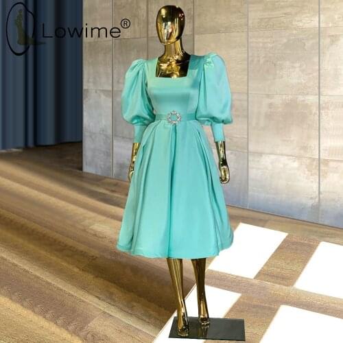 Light Blue Square Neck Three Quarter Sleeve Prom Dresses A Line Puffy Ruched Satin Party Gowns
