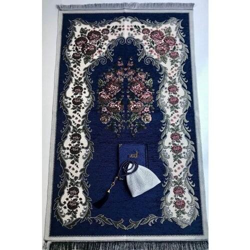 Navy blue With Rose Prayer Rug Skullcap Pearl Rosary Velvet Yasin Set ŞÖNİL KADİFE GROOM BOHÇASI