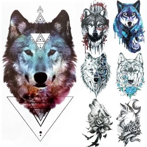 Triangle Wolf Fake Temporary Tattoos For Men Women Watercolor Spray Coyote Tattoo Sticker Starry Lily Flower Tatoo Body Art Hand