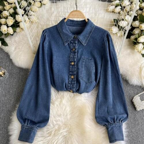 SINGREINY Women Autumn Retro Denim Blouse Turndown-Collar Single Breasted Casual Tops Autumn Fashion Korean Streetwear Blouses