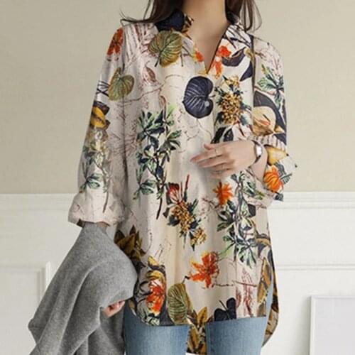 Fashion Womens New Shirt Striped Printed Slit Loose Long Sleeve Blouses Vintage Turn-down Button Casual Ladies Femme Top Autumn