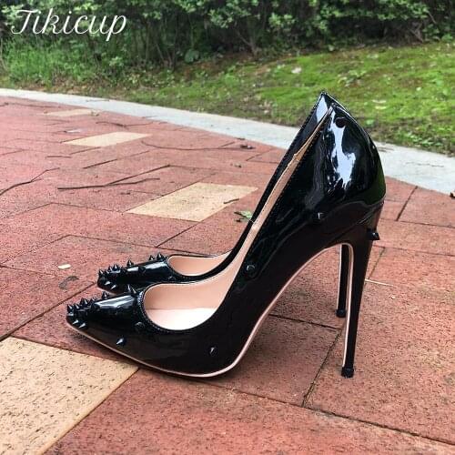 Tikicup Black Glossy Women Patent Spikes Pointed Toe Super High Heel Shoes Sexy Ladies Rivets Stiletto Pumps Large Size 43 44 45