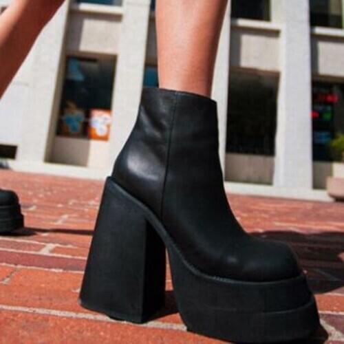 Brand Genuine Leather Women Ankle Boots Zipper Black High Heels Platform Autumn Winter Dress Party Shoes Woman Riding Boots 43