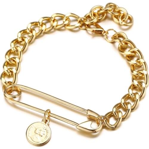 Paper Clip Head Pendant Bracelets Big Geometric Round Coins Charm Gold Color Metal Thick Chain Link Bangles Jewelry For Women