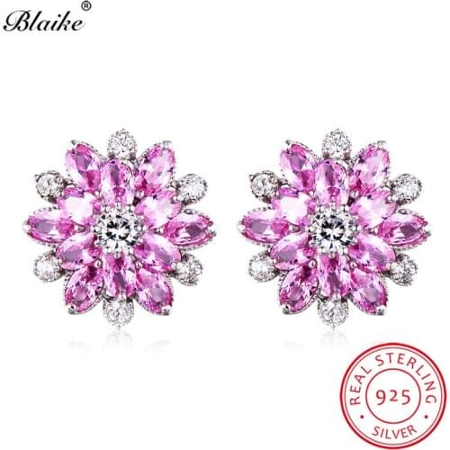 Blaike Cute Pink Stone Snowflake Stud Earrings For Women Solid 925 Sterling Silver Earrings Tourmaline Birthstone Zircon Jewelry