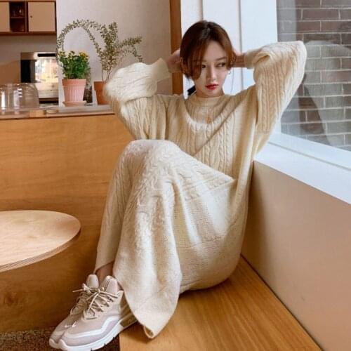 Autumn Winter Solid Lady 2021 Casual O-Neck Pullover Topsand slouchy large size knitted dress