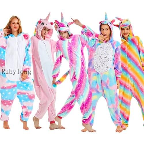 Winter Adults Pajamas Women Flannel Sleepwear Unisex Cute Unicorn Stitch Panda Cartoon Animal Pajamas Sets Kids Pyjamas