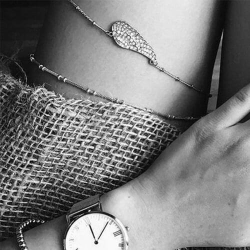 1 Pcs Bohemian Women Wings Feather Crystal Silver Color Double Layer Anklet Fashion Exquisite Beach Thigh Chain Set Jewelry Gift