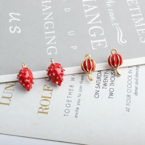 10pcs/lot Oil Drop Strawberry lantern Enamel Charms Bracelet DIY Summer Gold Metal Pendant Charms Earring Jewelry Accessories