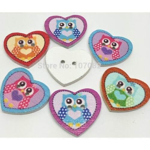 1000PCs Mix Cute Cartoon Owl Pattern Heart Shaped 2 Holes Wooden Buttons Owls Button Fit Sewing Scrapbook Christmas Decoration