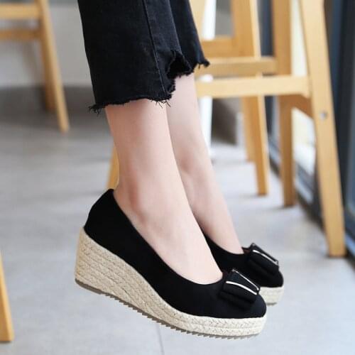2021 Womens Bow Same Suede Wedge Single Shoes Womens Shallow Mouth Espadrilles Spring and Autumn New Sandals High Heels