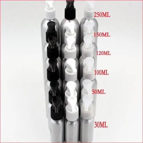 30/50/100/120/150/250ml aluminum bottle cosmetics bottle makeup Refillable Bottles w black/white lotion pump CONTAINER 100pcs