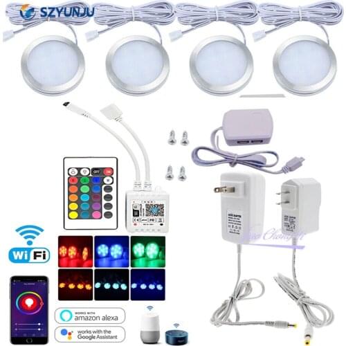 4/6/8PCS RGB LED Under Cabinet Light Puck Light Kit 24Key IR WiFi APP Control Dimmable for DC12V Kitchen Counter Shelf Lights