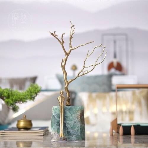 Home Decor Accessories Art Abstract Character Sitting On Green Natural Crystal Stone Decor Figurine Room Copper Ornament Gift