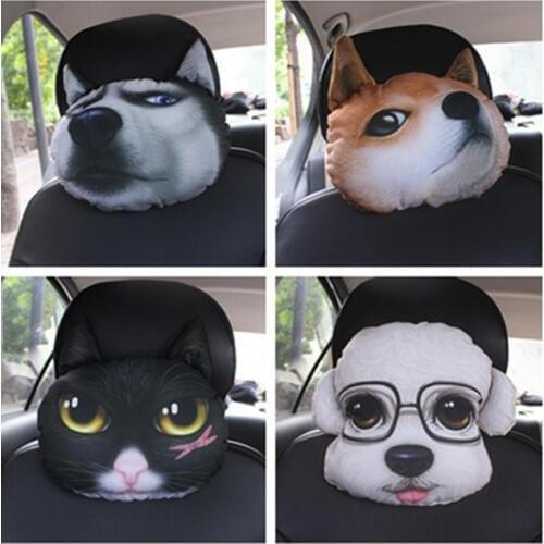 3D Cute Dog Cat Headrest Car Neck Pillow Automobile Head Cushion Universal Girl Car Accessories Tiddy Husky Monarch Pit Bull