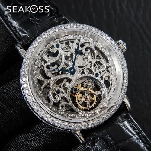 SEAKOSS Mens Skeleton Tourbillon Watches Sapphire Diamond Clock ST8000K Seagull Movement Mechanical Watch Men 50ATM Waterproof