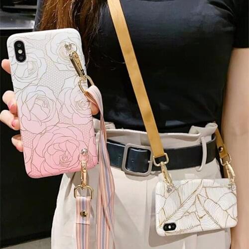 For huawei mate 20 P30 P20 lite pro nova 4e case cover fashion rose flower leaves shoulder strap soft tpu phone bag capa