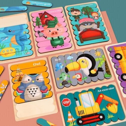 3D Montessori Wooden Toy Jigsaw Bar Puzzles Children Creative Story Double-Sided Stacking Matching Puzzle Early Educational Toys