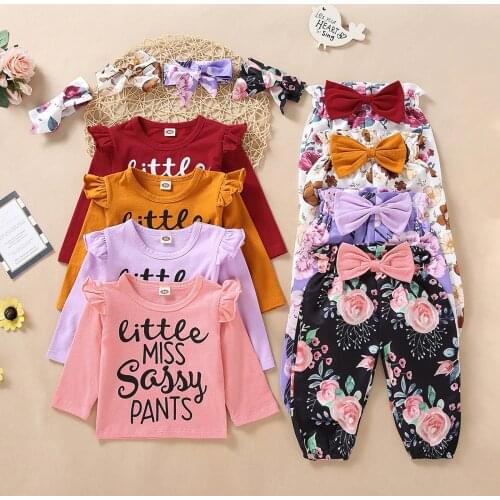Autumn Baby Clothes Set Newborn Infant Baby Girl Long Sleeve Ruffle Solid Tops+Floral Bowknot Pants Set Infantil Clothing