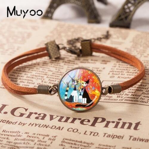 2019 New Colorful Cats Leather Bracelet Lovely Cat Bracelets Glass Dome Cabochon Jewelry Animal Painting Leather Bracelets