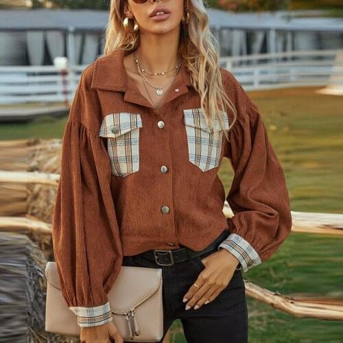 Plaid Spliced Pockets Womens Short Jackets Coat Vintage Lantern Sleeve Button Loose Coats Female Autumn 2021 Casual Outerwear