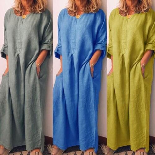Hot Sales Casual Women Solid Color Oversize Maxi Cotton Linen Long Shirt Kaftan Dress