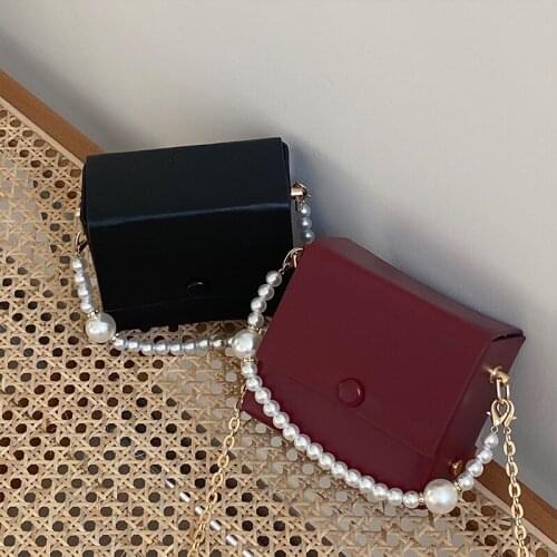 Fashion Ladies Pearl Chain Small Square Shoulder Box Bag Retro PU Leather Women Crossbody Bags Evening Clutch Purse Mini Handbag