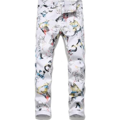 Mens White Jeans Fall Fashion Printed Pants Slim Pants Trendy Bar Pencil Pants Animal Stretch Pants