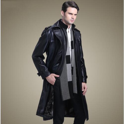 Autumn winter stand collar lus velvet thickening leather coats men slim long coat mens leather trench coats black fashion 4XL