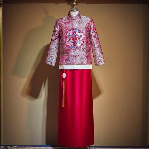 Men Dragon Embroidery Cheongsam Chinese Style Marriage Set Bridegroom Costume Wedding Clothing Toast Clothing
