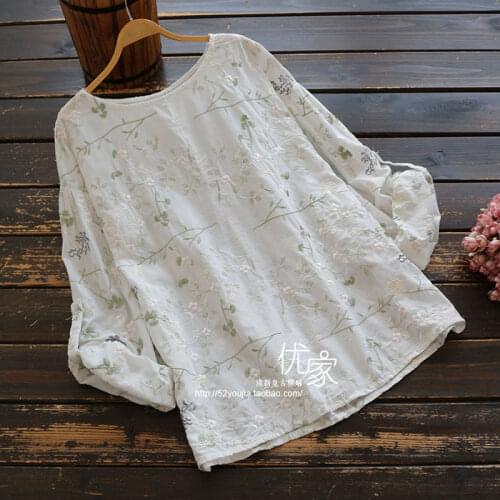 New autumn women clothing fresh versatile round neck cotton pullover blouse flower embroidery mori girl O-Neck shirt 2020