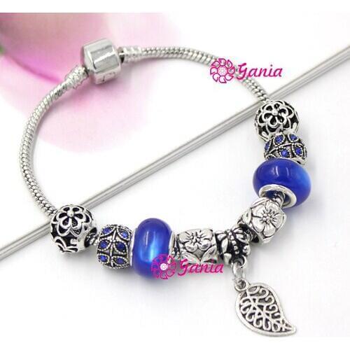 New Arrival Fashion Handmade Jewelry, European Style Royal Blue Bead Flower Hallow Ball Leaf Bead Leaf Charm Bracelets