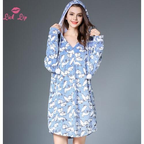 Lick Lip Autumn Hooded Cute Bear Women Nightdress Coral Fleece Long Sleeve Animal Pajamas Lively Lovely Home Pajama SWD9380-40
