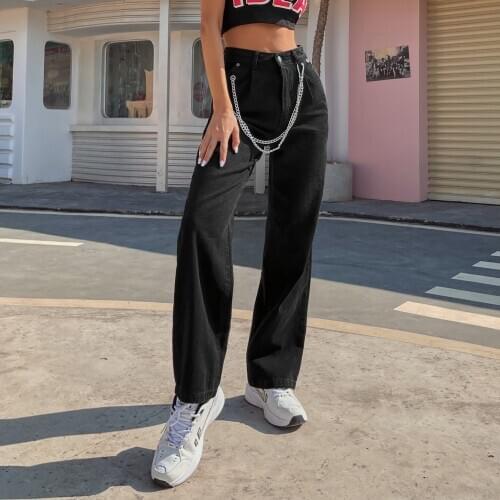 Stylish Solid Color Chic Wild Casual Jeans High Waist Straight Wide Leg Loose Denim Pants Trousers with Chain Decor for Ladies