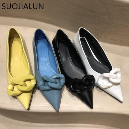SUOJIALUN 2021 Brand Design Chain Buckle Flat Shoes Women Flat Heel Ballet Pointed Toe Slip On Female Ballerina Casual Loafers