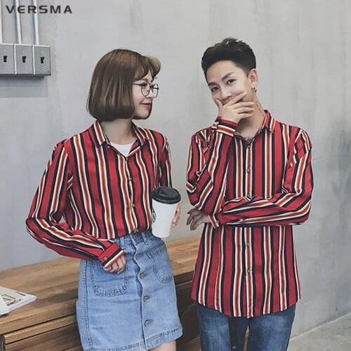VERSMA Korean Ulzzang Harajuku Vintage Stripe Couple Men Shirt Summer Hip Hop Oversize Long Sleeve Shirt Men Korean Clothing 5XL