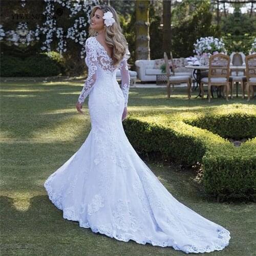 Vestidos Novias White Long Sleeves V Neck Crystals Pearls Bridal Gown Appliques Mermaid Wedding Dresses 2021 Robe De Marriage