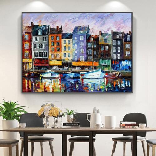 Honfleur - Normandie Printed Water-Soluble Canvas 11CT Cross Stitch DIY Embroidery Full Kit DMC Threads Craft Decor