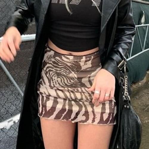 2021 New Mini Brown Skirt Mesh Tie Dye Zebra Print Gothic Streetwear Vintage Ladies Y2K Sexy Bodycon High Waist Skirts Women