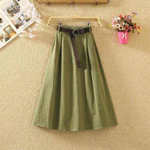 2021 Spring Autumn Women Korean Style High Quality Cotton Linen Skirt Female High Elastic Waist Midi Skirts with Belt Y752