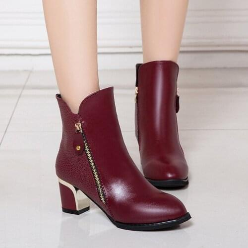 Womens PU Leather Ankle Boots Women Zipper Pumps Woman Pointed Toe Mid Heels Ladies Comfortable Shoes Female Casual Footwear