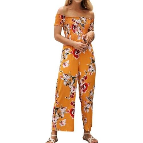 Sexy Off The Shoulder Long Jumpsuit Romper Boho Floral Print Wrinkle Backless Playsuit Elegant Summer Beach Overalls