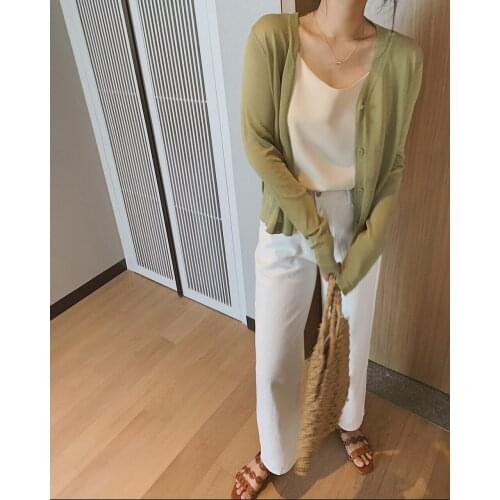 2021 Ice Silk Green Cardigan See Through Mesh Za Woman Top Y2k Women Sweater Korean Fashion Blouse Vest Female Clothing Jackets